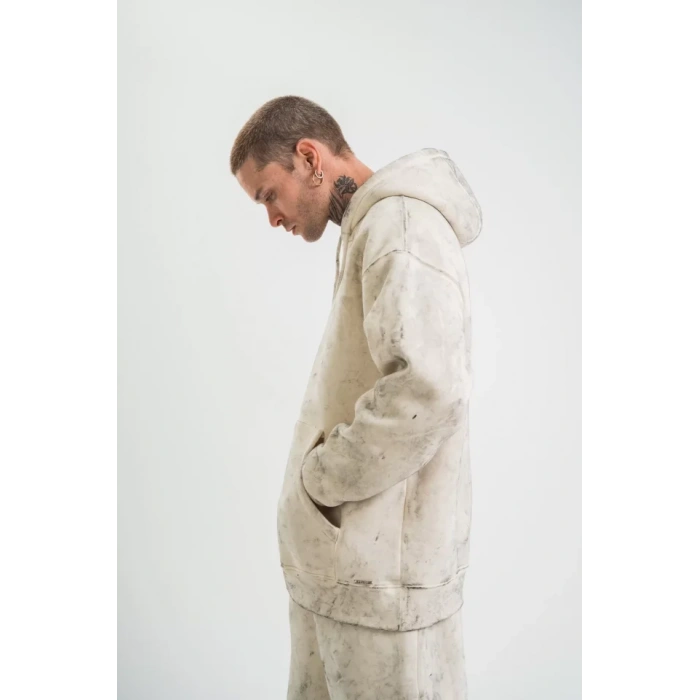 Unisex Double Oversize Kapşonlu Yıkamalı weathirt  Krem