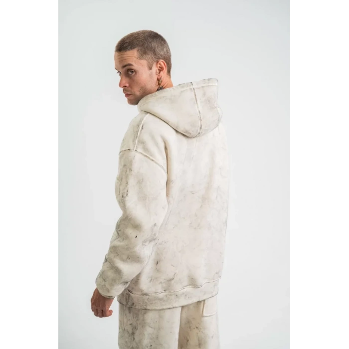 Unisex Double Oversize Kapşonlu Yıkamalı weathirt  Krem