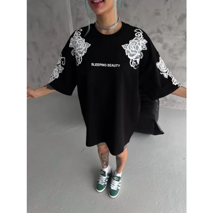 Unisex Flok Kabartma Baskılı Thirt  iyah