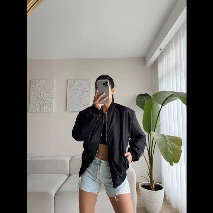 Unisex İçi Astarlı Düz Bomber Ceket  iyah