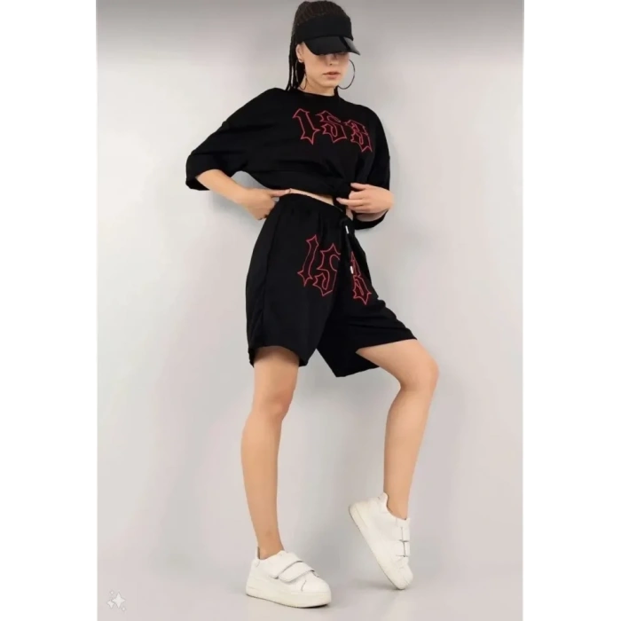 Unisex Nakış İşlemeli Şort Takım  iyah