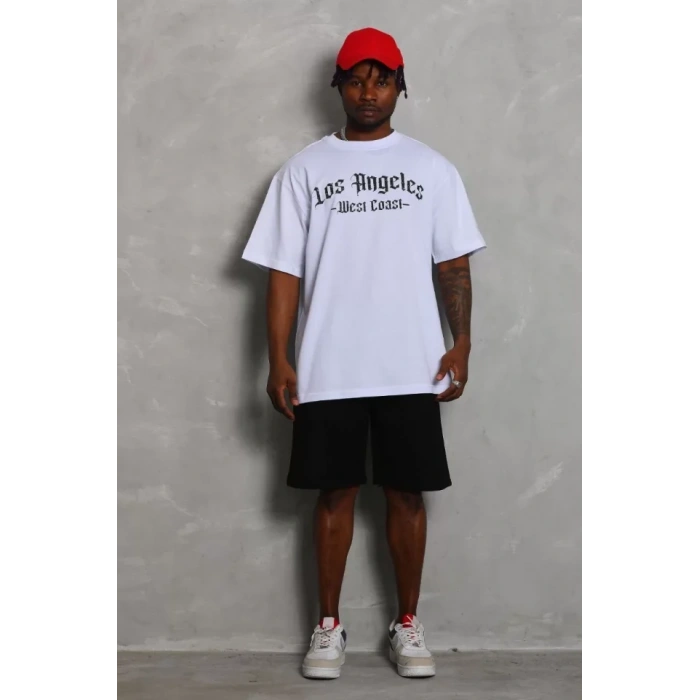 Unisex Oversize Baskılı Bisiklet Yaka Thirt  Beyaz