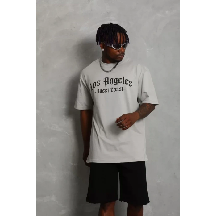 Unisex Oversize Baskılı Bisiklet Yaka Thirt  Gri