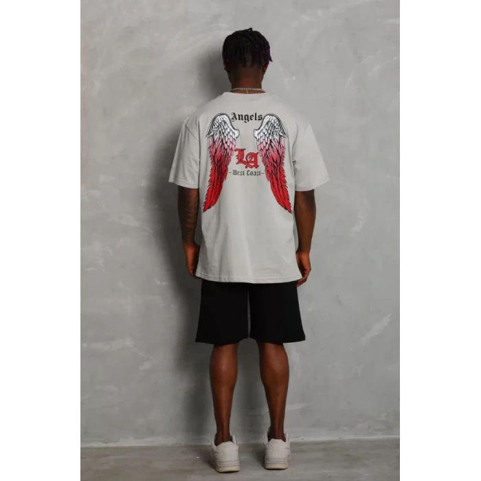 Unisex Oversize Baskılı Bisiklet Yaka Thirt  Gri