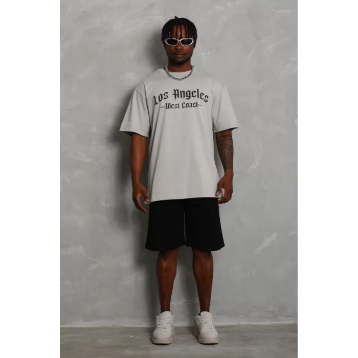 Unisex Oversize Baskılı Bisiklet Yaka Thirt  Gri