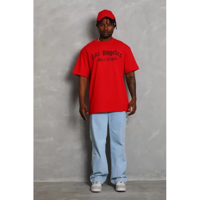 Unisex Oversize Baskılı Bisiklet Yaka Thirt  Kırmızı