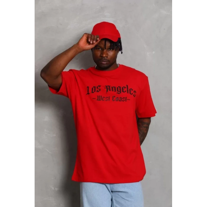 Unisex Oversize Baskılı Bisiklet Yaka Thirt  Kırmızı