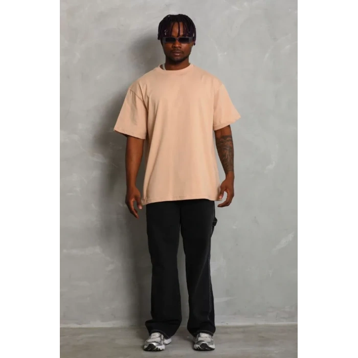 Unisex Oversize Düz Bisiklet Yaka Thirt  Bej