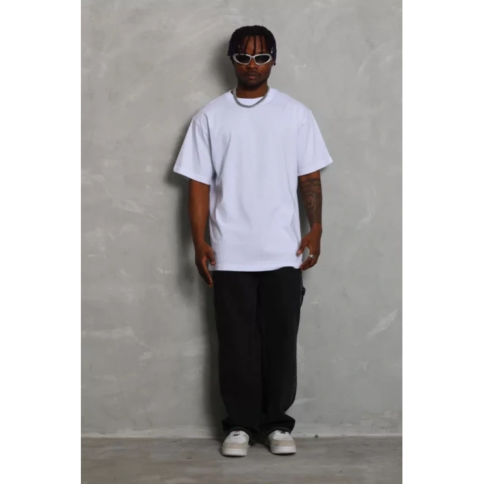 Unisex Oversize Düz Bisiklet Yaka Thirt  Beyaz