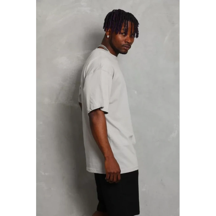 Unisex Oversize Düz Bisiklet Yaka Thirt  Gri