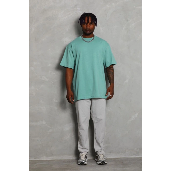 Unisex Oversize Düz Bisiklet Yaka Thirt  int Yeşili