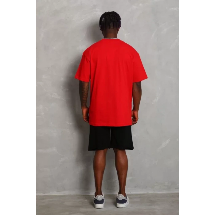 Unisex Oversize Düz Bisiklet Yaka Thirt  Kırmızı