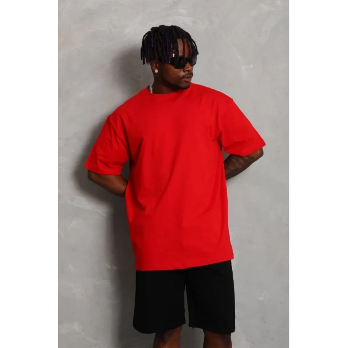 Unisex Oversize Düz Bisiklet Yaka Thirt  Kırmızı