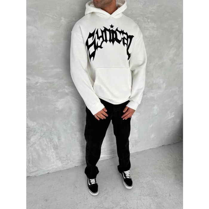 Unisex Üç İplik Kapşonlu Baskılı weathirt  Beyaz