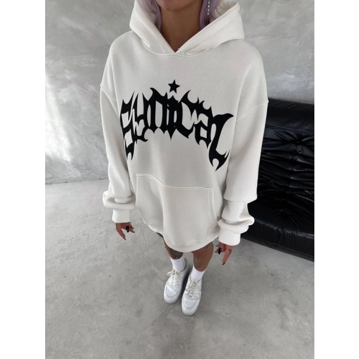 Unisex Üç İplik Kapşonlu Baskılı weathirt  Beyaz