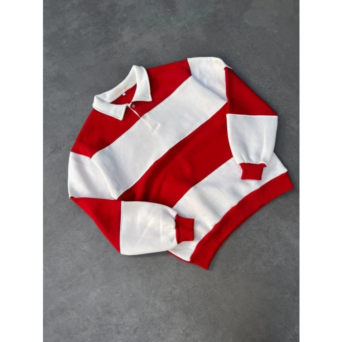 Unisex Üç İplik Parçalı Yakalı weathirt  Kırmızı