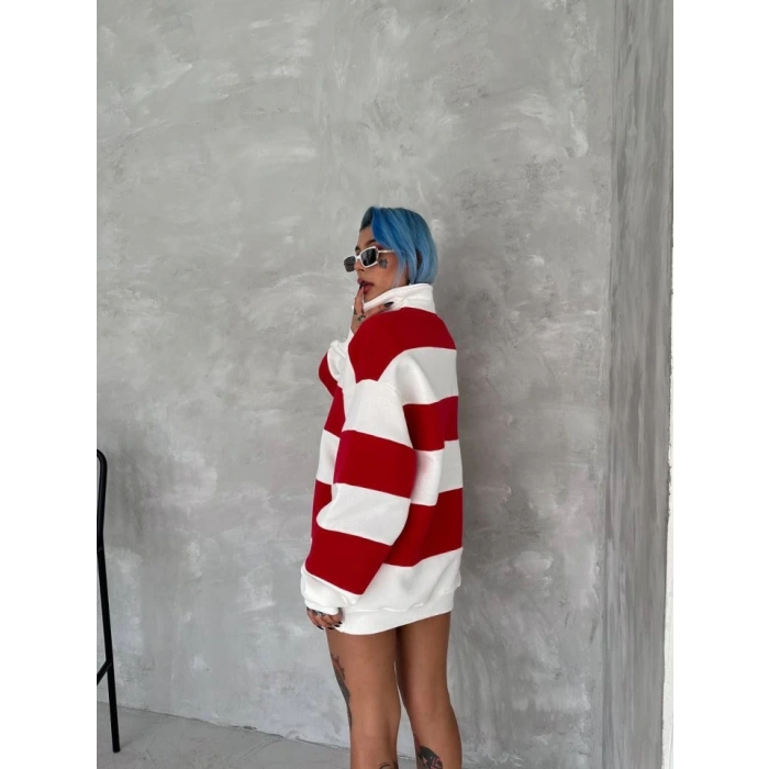 Unisex Üç İplik Parçalı Yakalı weathirt  Kırmızı