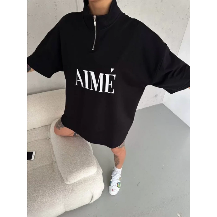 Unisex Yarım Fermuarlı Baskılı Thirt  iyah