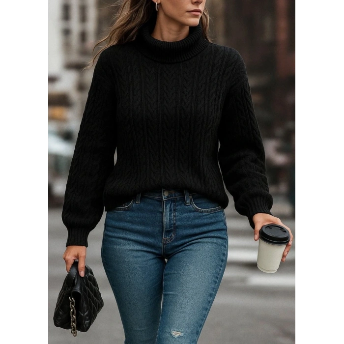 Uzun Kollu Yarı Balıkçı Yaka Triko Bluz