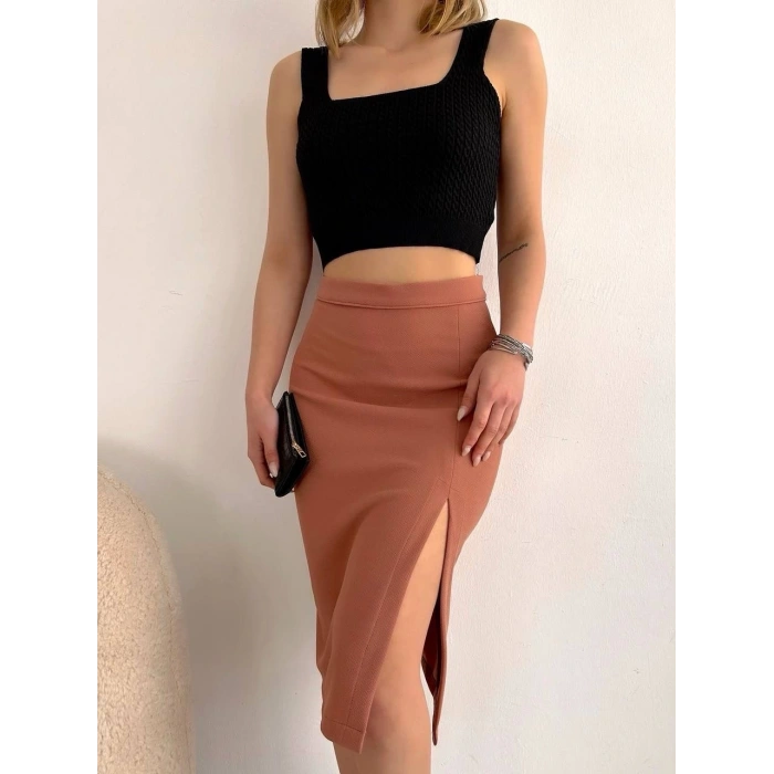 Uzun midi boy yırtmaçlı etek somon s24907