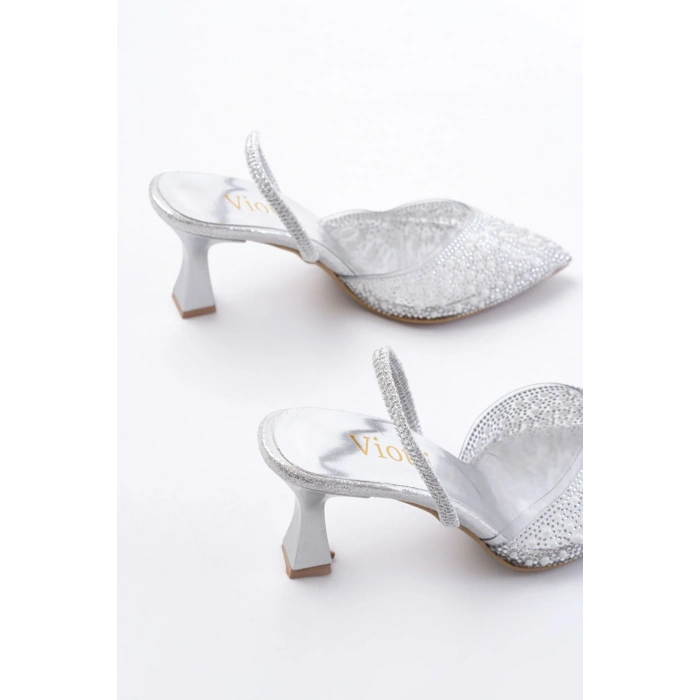 V-1005 Gümüş Günlük Arkası Açık Taşlı Topuklu Bayan Ayakkabı