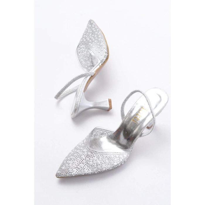 V-1005 Gümüş Günlük Arkası Açık Taşlı Topuklu Bayan Ayakkabı