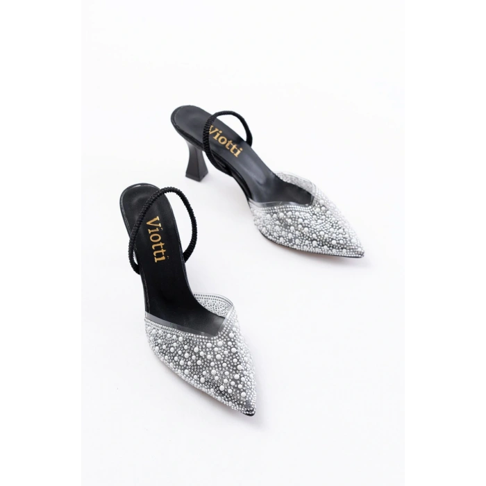 V-1005 Siyah Günlük Arkası Açık Taşlı Topuklu Bayan Ayakkabı