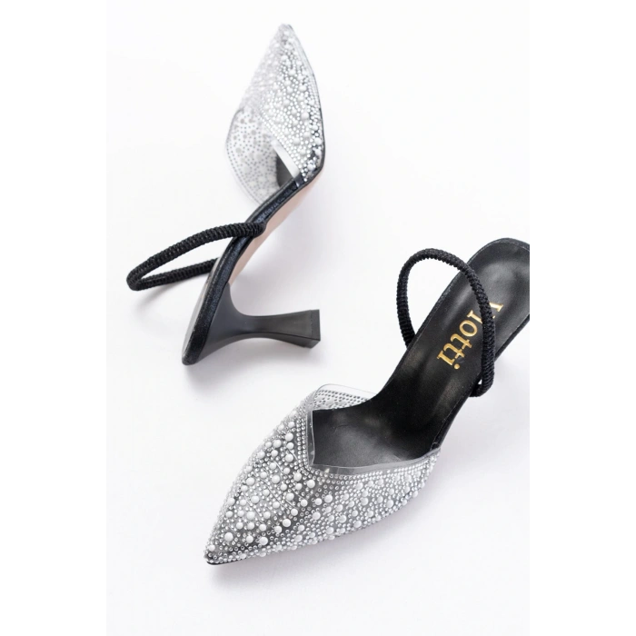 V-1005 Siyah Günlük Arkası Açık Taşlı Topuklu Bayan Ayakkabı