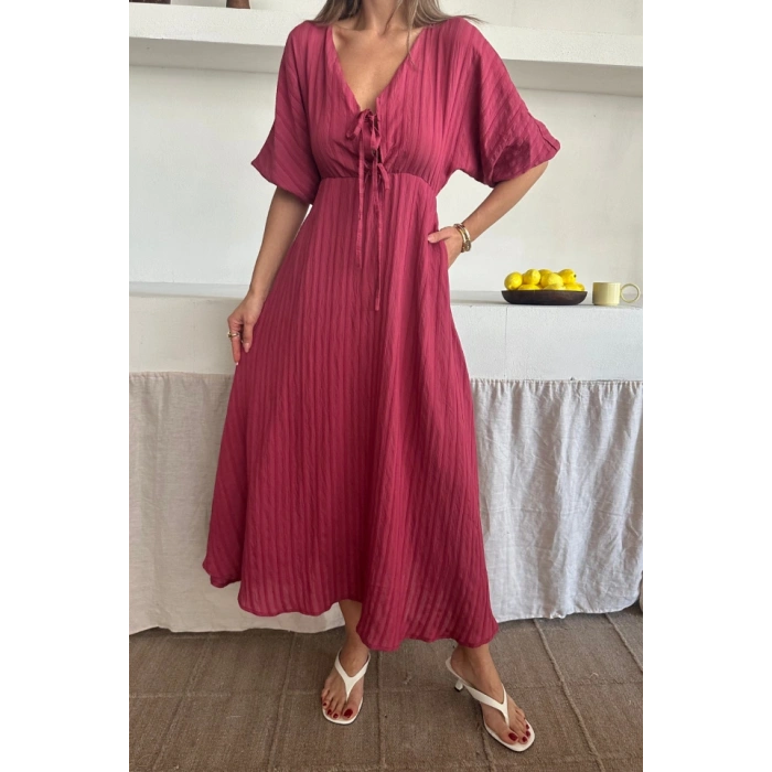 V YAKA DÖKÜLÜ ELBİSE  Pembe