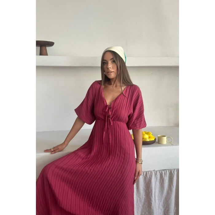 V YAKA DÖKÜLÜ ELBİSE  Pembe