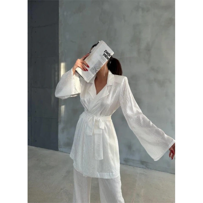 VİSKON JAKARLI BAĞLAALI GÖLEK  PANTOLON TAKI  Beyaz