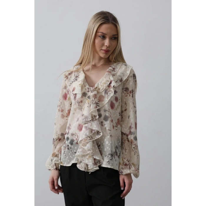 Volanlı Çiçek Desen Şifon Gömlek  Krem