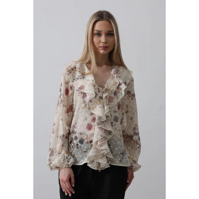 Volanlı Çiçek Desen Şifon Gömlek  Krem