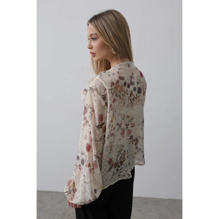 Volanlı Çiçek Desen Şifon Gömlek  Krem
