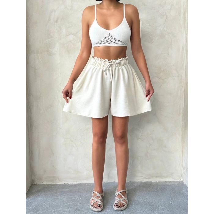 Volanlı keten şort bej s255058