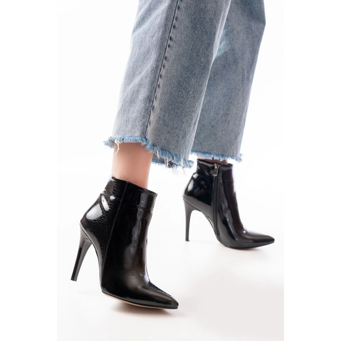 VRT-4802 Siyah Kroko Yüksek İnce Topuklu Fermuarlı Kadın Bot
