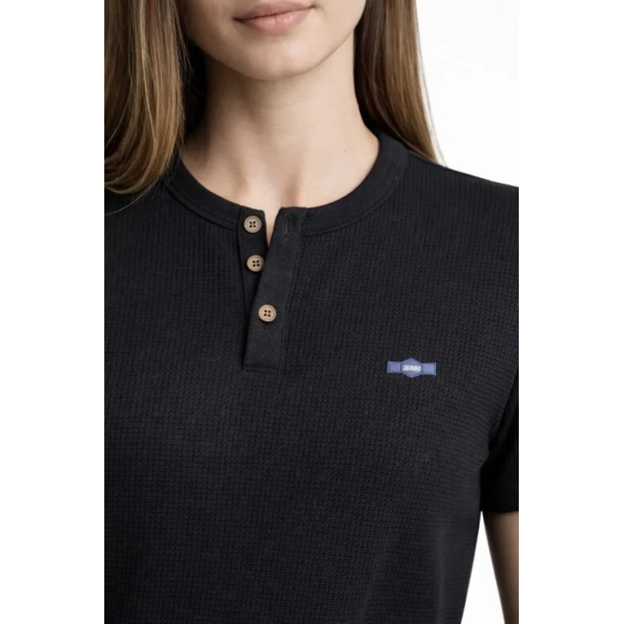 Waffle Dokulu ikralı Henley Yaka Düğmeli Regular Kısa Kollu Thirt  iyah