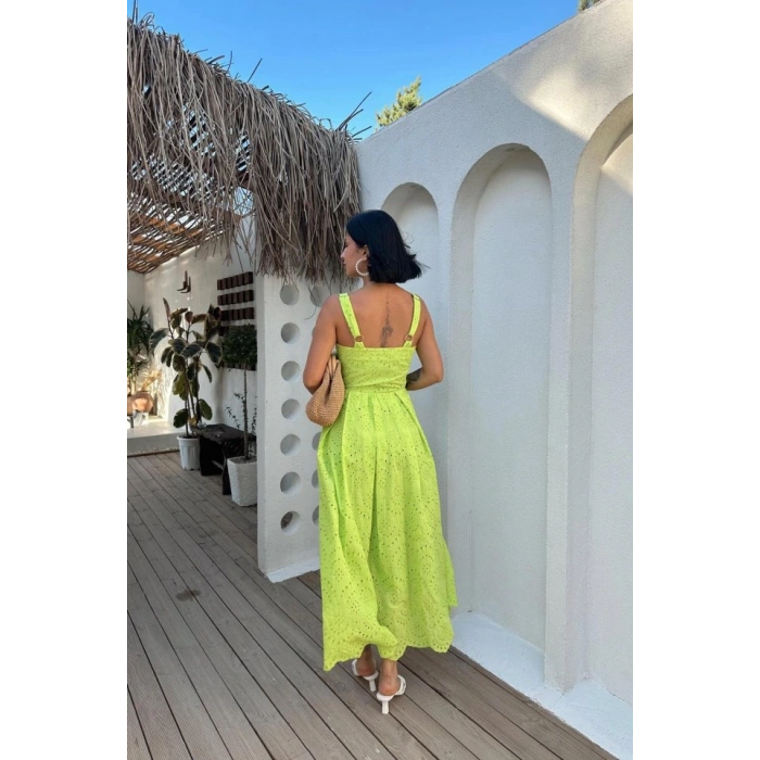 Yağ Yeşili Askılı Aparatlı Brode Elbise