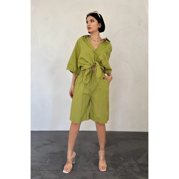 Yağ Yeşili Kısa Kollu Keten Gömlek Ve Şort Takım
