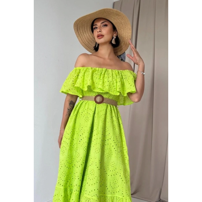 Yağ Yeşili Omzu Lastikli Brode Elbise
