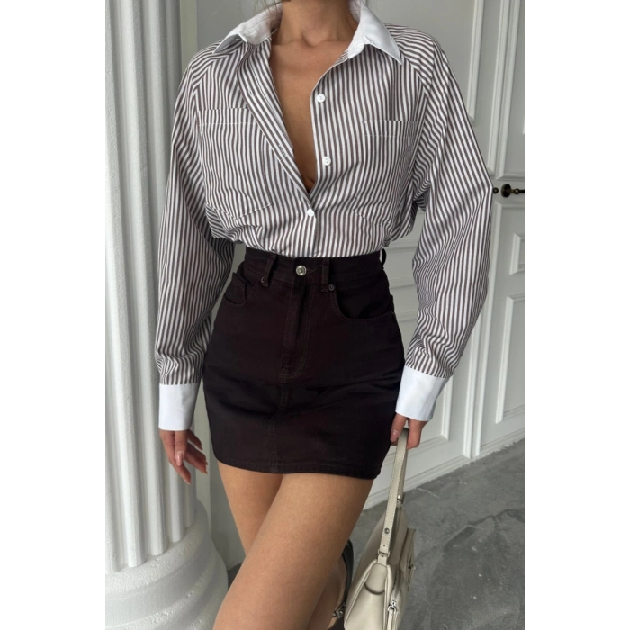 YAKA VE ANŞET BEYAZBOYFRİEND ÇİZGİLİPOPLİN GÖLEK  Kahverengi