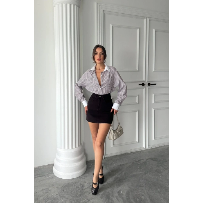 YAKA VE ANŞET BEYAZBOYFRİEND ÇİZGİLİPOPLİN GÖLEK  Kahverengi