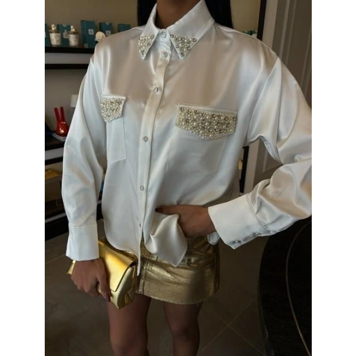 Yaka Ve Cep İnci Taşlı aten Gömlek 3423