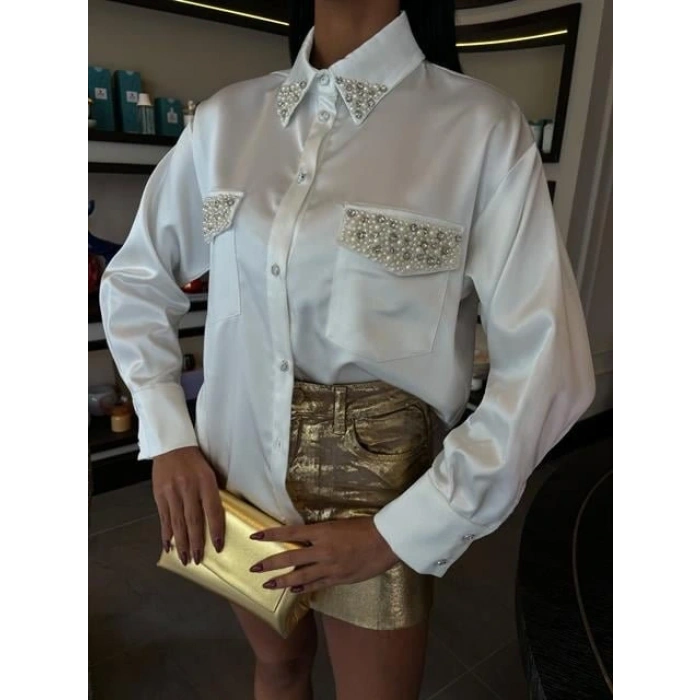 Yaka Ve Cep İnci Taşlı aten Gömlek 3423
