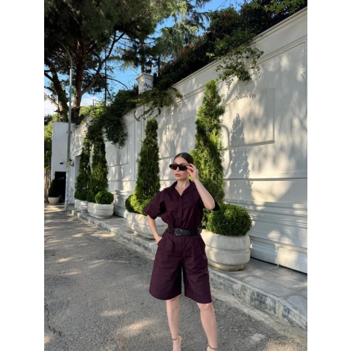 Yakalı Gömlek Kemerli Şortlu Takım  Bordo