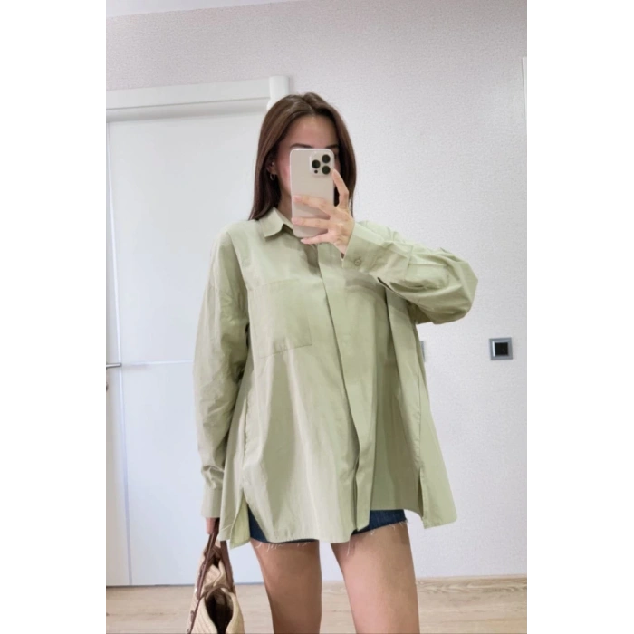 Yakalı Yandan Yırtmaçlı Gömlek  Yeşil