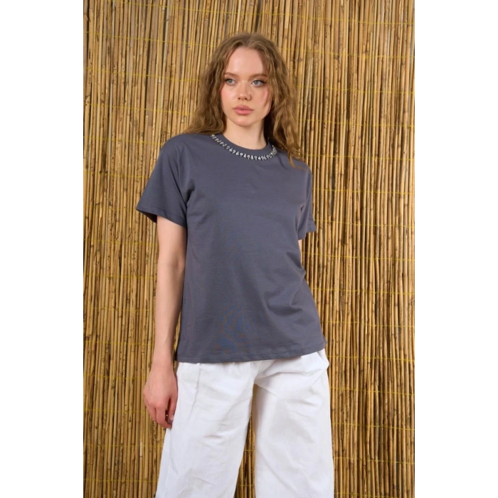 Yakası Taşlı Tshirt  Füme