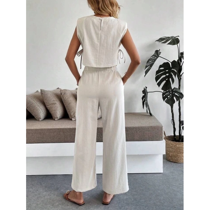 Yan bağlama detaylı pantolonlu takım bej