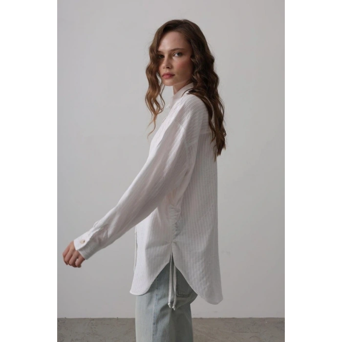 Yan Büzmeli Tunik Gömlek  Beyaz
