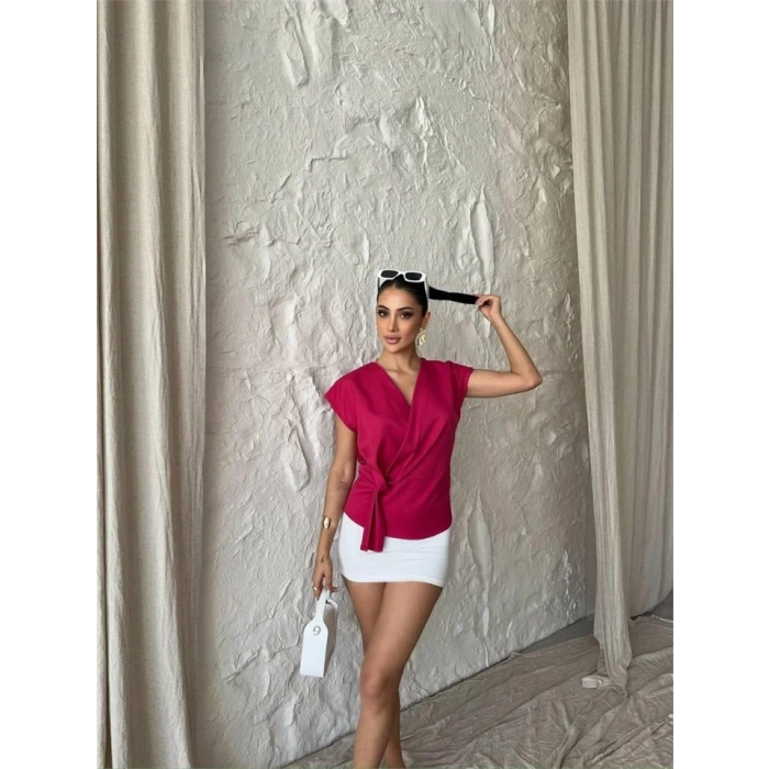 YANDAN BAĞLAA DETAYLI KOLUZ BLUZ  Fuşya